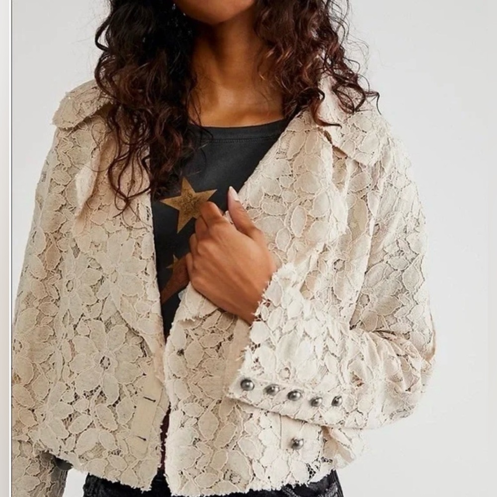 Free People Amelia Lace Cropped Bed Jacket Almond Milk Taupe Size S - Picture 4 of 14